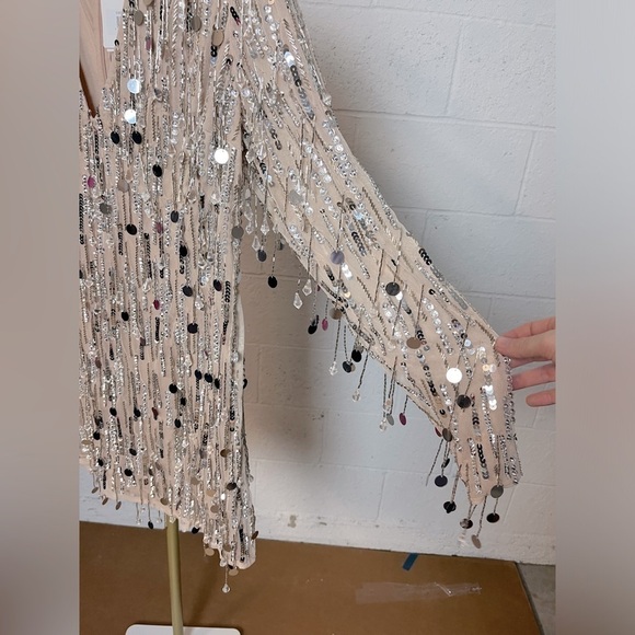 Mac Duggal 92850 Ling Sleeve Beaded Fringe Plunge Neck Dress - Picture 9 of 12